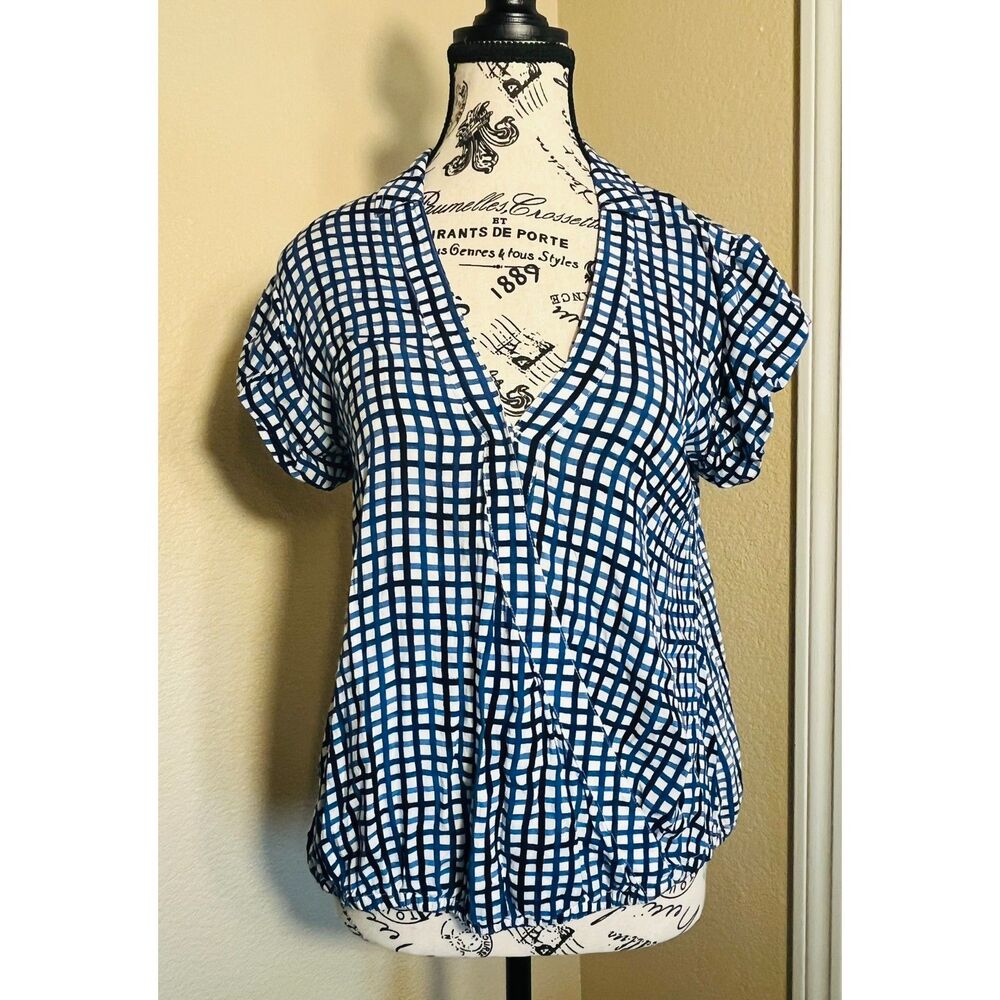 Postmark by Anthropologie Gingham Blue Rayon Wrap Blouse Small Preppy Cottage